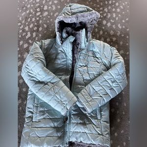 North Face Down Jacket with hood and fleece lined - Size L/14-16. Blue and gray.